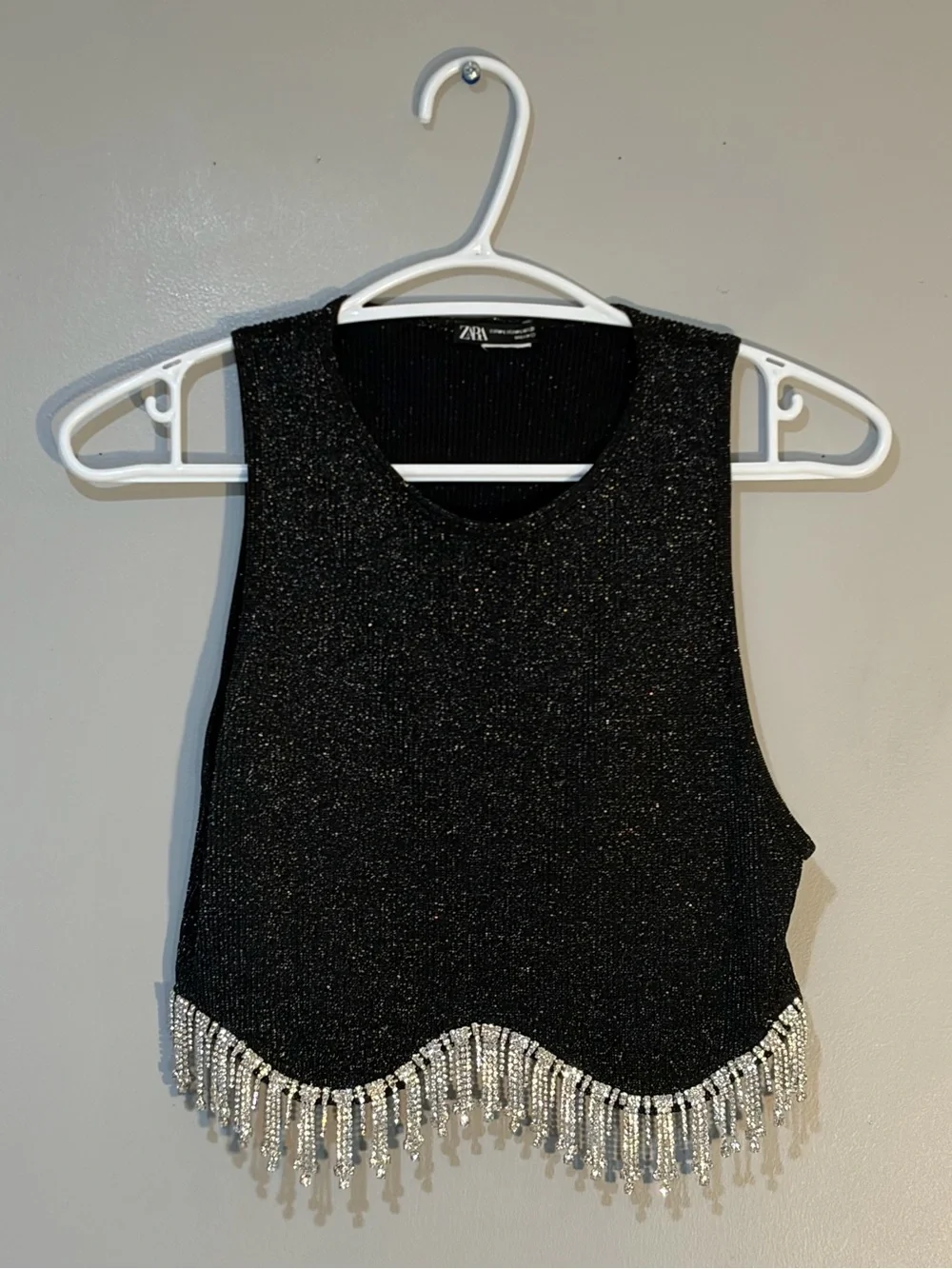 Zara Black Rhinestone Beaded Fringe Crop Top Size M/L - Picture 2 of 7